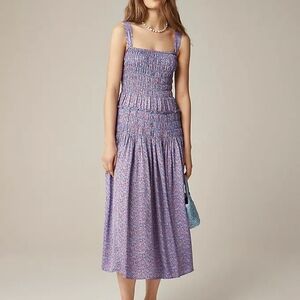 Jcrew Smocked midi dress in summer fields print Floral Purple Bnwt